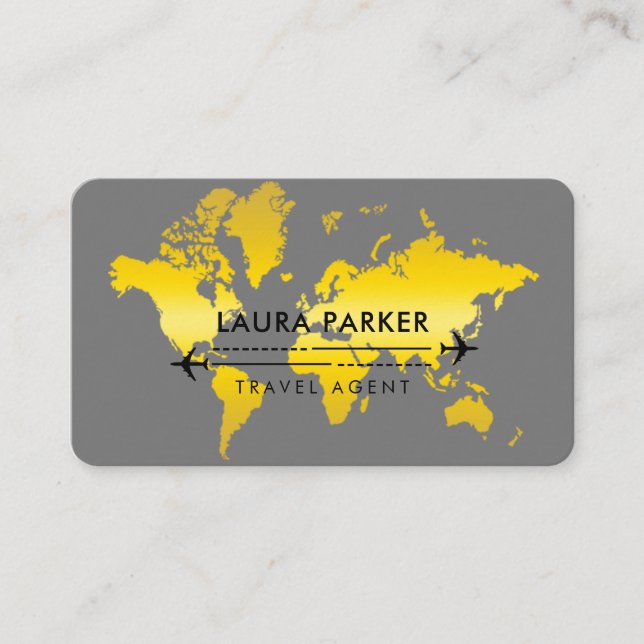 Travel Agent World Map Vacation Gold Glitter Busin Business Card (Front)