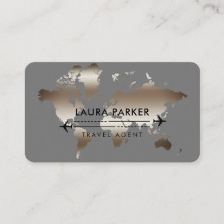 Travel Agent World Map Vacation Rose Gold Business Card