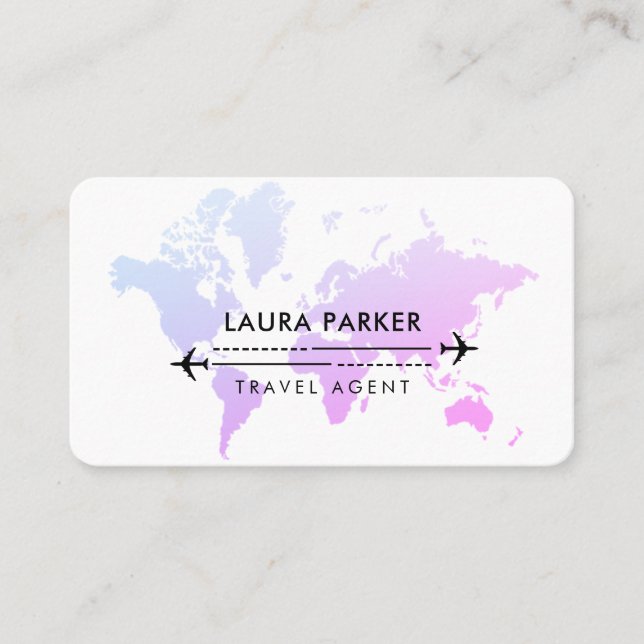 Travel Agent World Map Vacation Services Purple Business Card (Front)