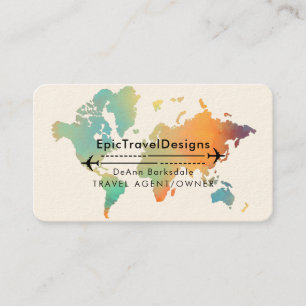Travel Agent World Map Vacation Water Teal Beach Business Card