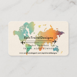 Travel Agent World Map Vacation Water Teal Beach Business Card
