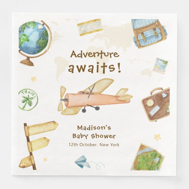 Travel Around The World Airplane Baby Shower  Napkin (Front)