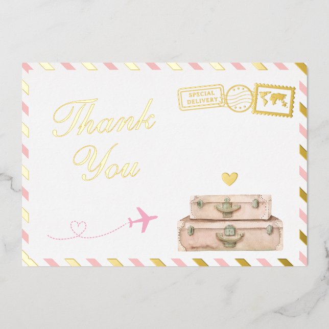 Travel Baby Girl Shower Thank You Card Pink Gold (Front)