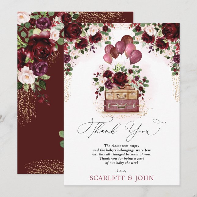 Travel Baby Shower Burgundy Blush Floral Adventure Thank You Card (Front/Back)