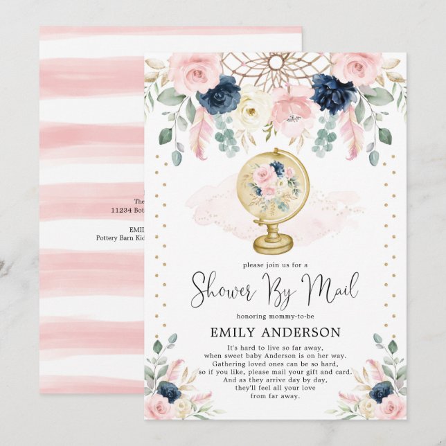 Travel Baby Shower By Mail Pink Blush Navy Floral Invitation (Front/Back)