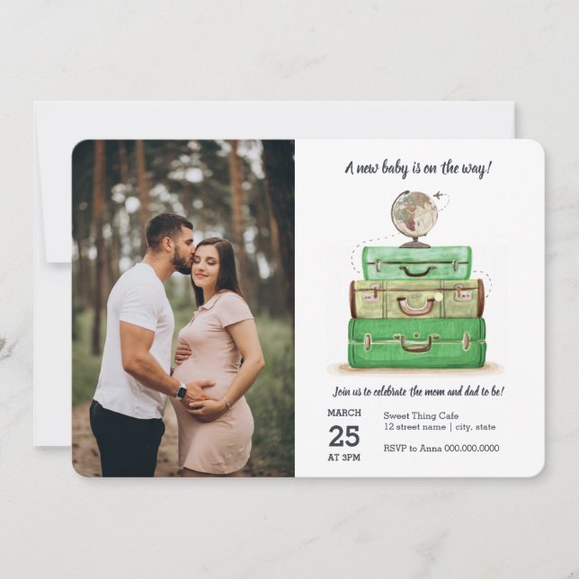 Travel Baby Shower Green Watercolor Suitcase Invitation (Front)