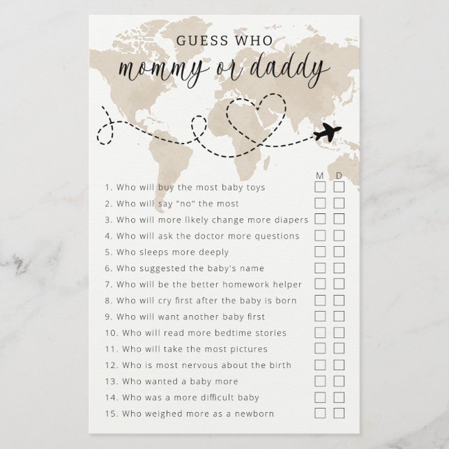 Travel Baby Shower Mummy or Daddy Game (Front)