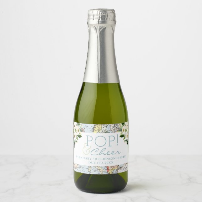 Travel Baby Shower Pop Cheer Mini Bottle of Sparkling Wine Label (Front)