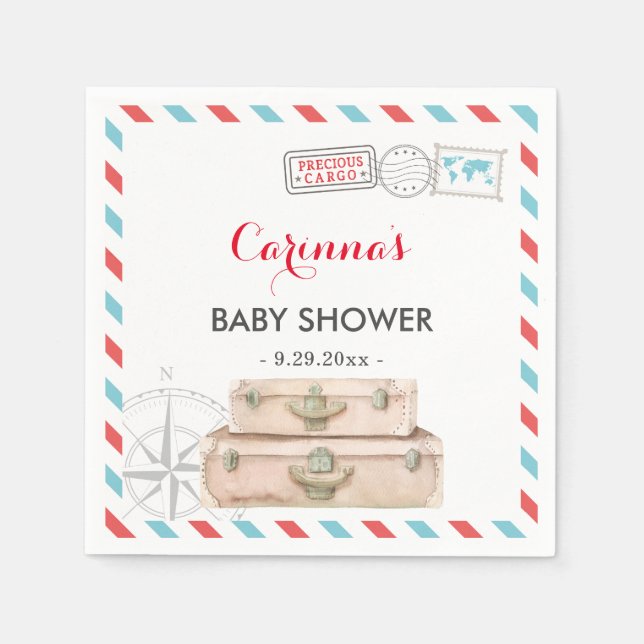 Travel Baby Shower Table Decor Red Blue Paper Napkin (Front)