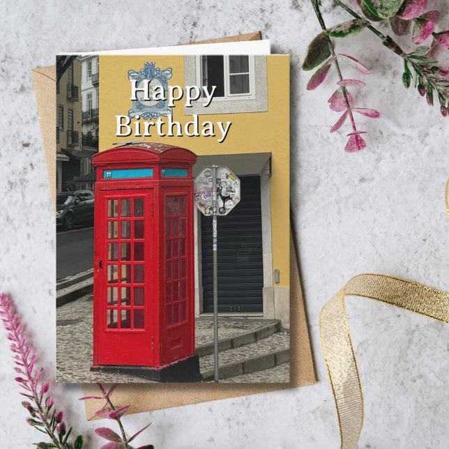 Travel Birthday Red Phone Booth Fun Photo  Card (Creator Uploaded)