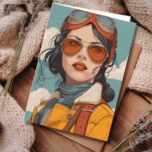 Travel Birthday Vintage Retro Aviator Girl Card