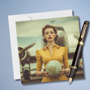 Travel Birthday Vintage Retro Woman Aeroplane Funn Card