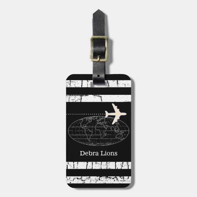 Travel black personalised aeroplane luggage tag (Front Vertical)