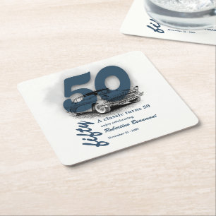 Travel Blue Classic Car Turns 50th Birthday Square Paper Coaster