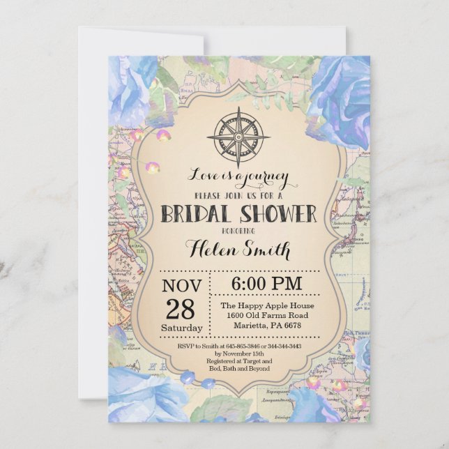Travel Blue Floral Bridal Shower Invitation (Front)