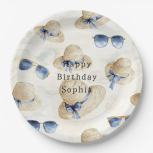 Travel Blue Sunglasses Bows Cream Hats Birthday Paper Plate