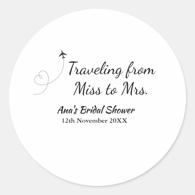 Travel bridal shower add name date miss to Mrs sim Classic Round Sticker (Front)