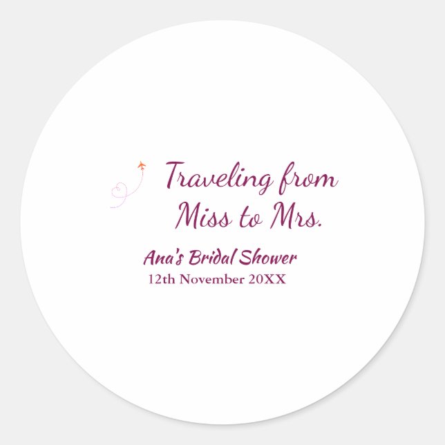 Travel bridal shower add name date miss to Mrs sim Classic Round Sticker (Front)