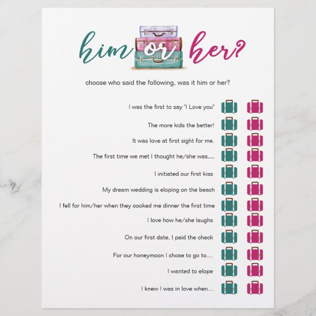 Travel bridal shower game // Pink Teal Him or Her (Front)