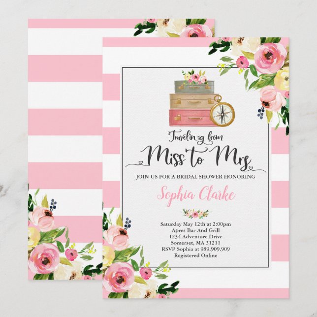 Travel Bridal Shower Invitation Miss To Mrs Floral (Front/Back)