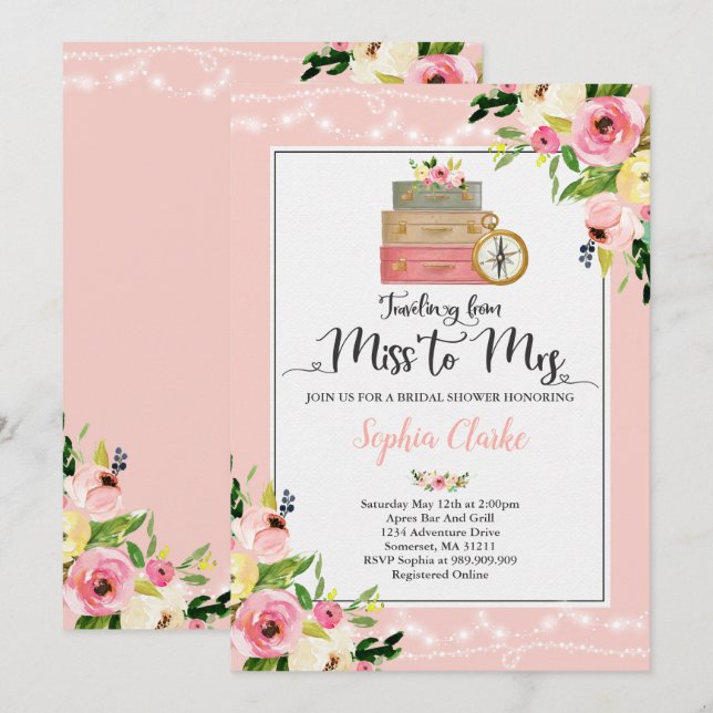 Travel Bridal Shower Invitation Miss To Mrs Floral (Front/Back)