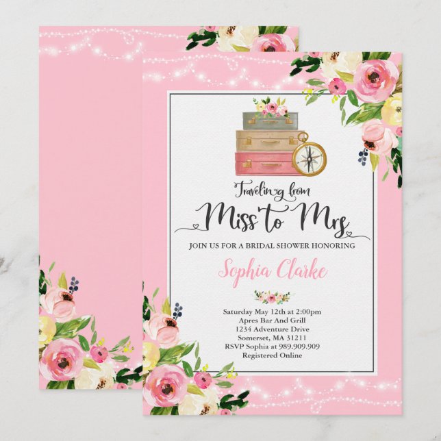 Travel Bridal Shower Invitation Miss To Mrs Floral (Front/Back)