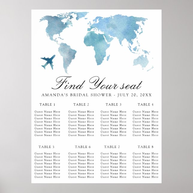 Travel Bridal shower Wedding seating chart  (Front)