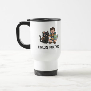 Travel Buddies Black Cat Owner Cartoon Design Mug