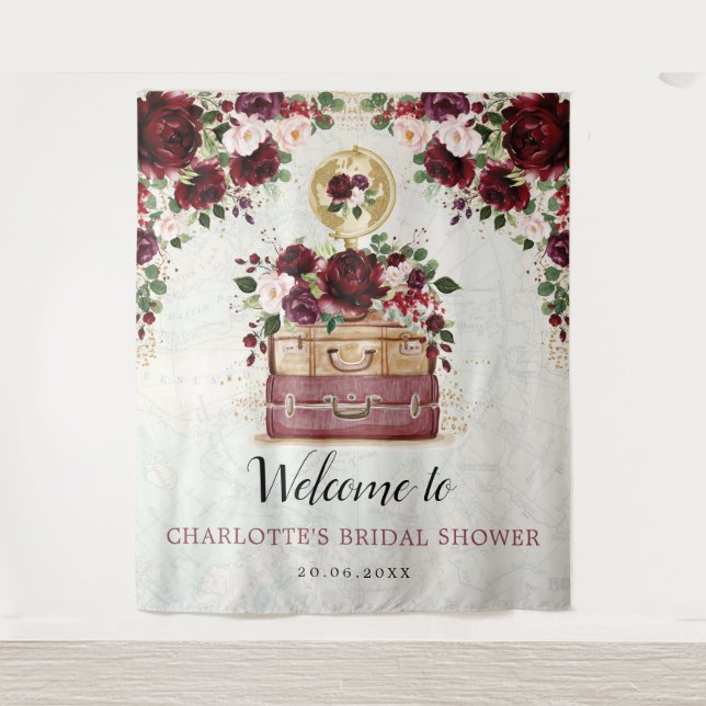 Travel Burgundy Blush Floral Bridal Shower Welcome Tapestry (Front)