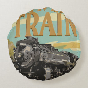 Travel By Train vintage travel poster Round Cushion