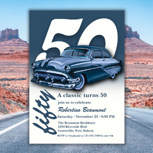 Travel Classic Blue Car Turns 50th Birthday Invitation