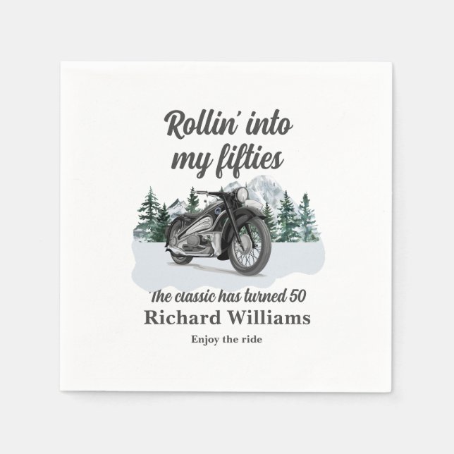 Travel Classic Motorbike Rolling 50th Birthday Napkin (Front)