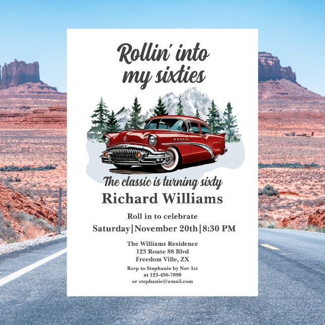 Travel Classic Retro Car Rolling 60th Birthday Invitation (Creator Uploaded)