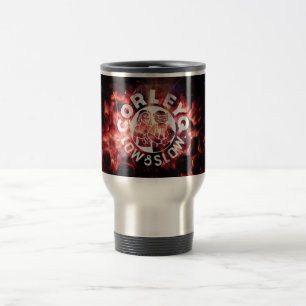 Travel coffee mug with CorleyQ "Fire" design.