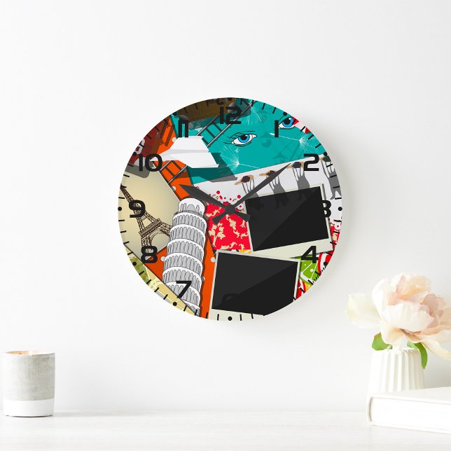 Travel Collage with Iconic Landmarks Vacation  Large Clock (Creator Uploaded)