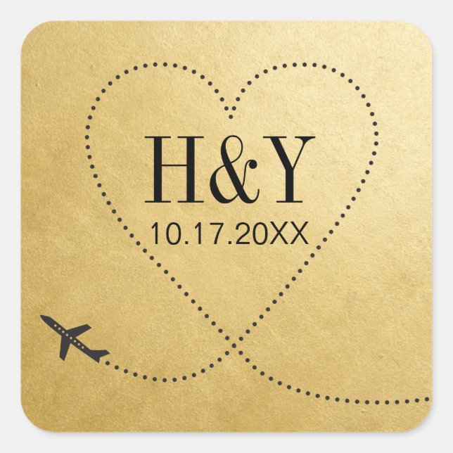 Travel Destination Wedding Aeroplane Heart Monogra Square Sticker (Front)