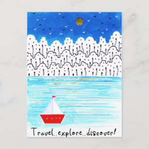 travel explore discover blue white acrylic boat postcard