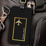 travel faux gold aeroplane customisable black luggage tag<br><div class="desc">A simple and nice design for a black luggage-tag...  a faux gold aeroplane inside a rectangle,  personalised with your own name</div>