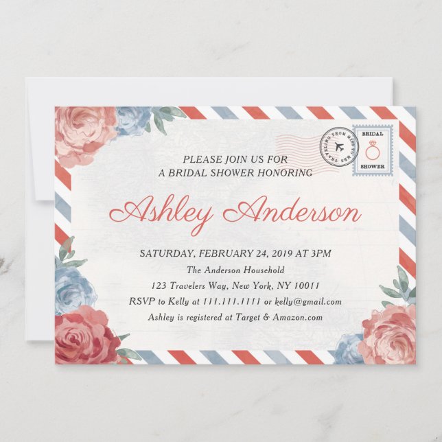 Travel Floral Postcard Bridal Shower Invitation (Front)