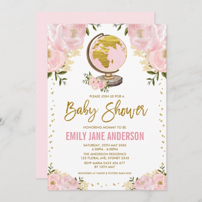 Travel Girl Baby Shower Pink Gold Floral Adventure Invitation (Front/Back)