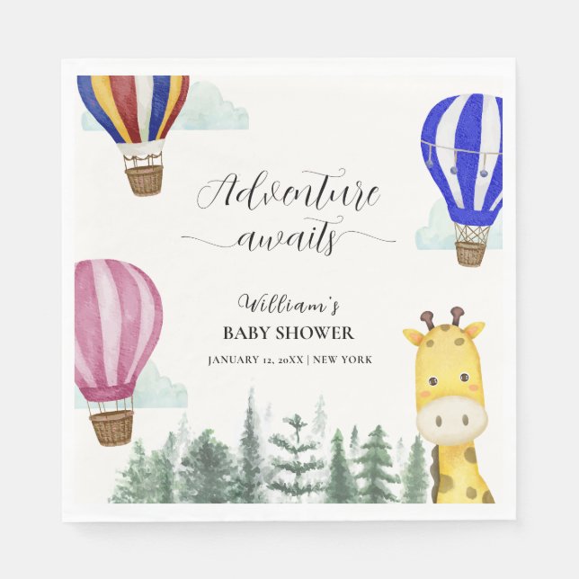 Travel Hot Air Balloon Jungle Giraffe Baby Shower  Napkin (Front)
