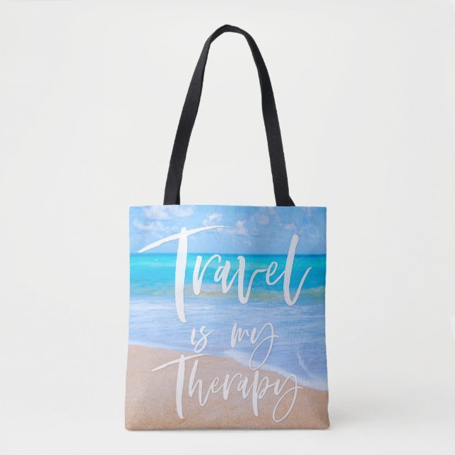 TRAVEL IS MY THERAPY Quote White Typography Beach Tote Bag (Front)
