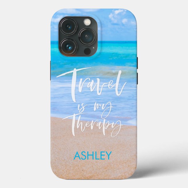 TRAVEL IS MY THERAPY White Quote Name Beach Case-Mate iPhone Case (Back)