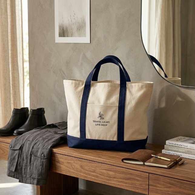 Travel Light Live Deep Minimalist Typography  Tote Bag (Travel Light Live Deep Minimalist Typography Off-White Large Canvas Weekender)