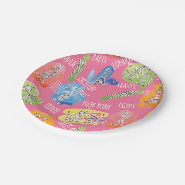 Travel Locations Pattern Paper Plate (Angled)