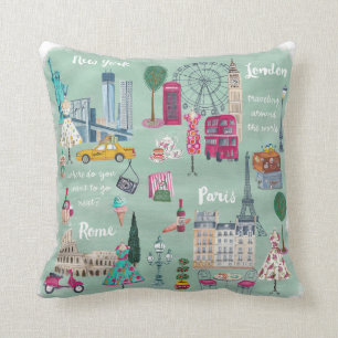 Travel London New+York Paris   Cotton Throw Pillow