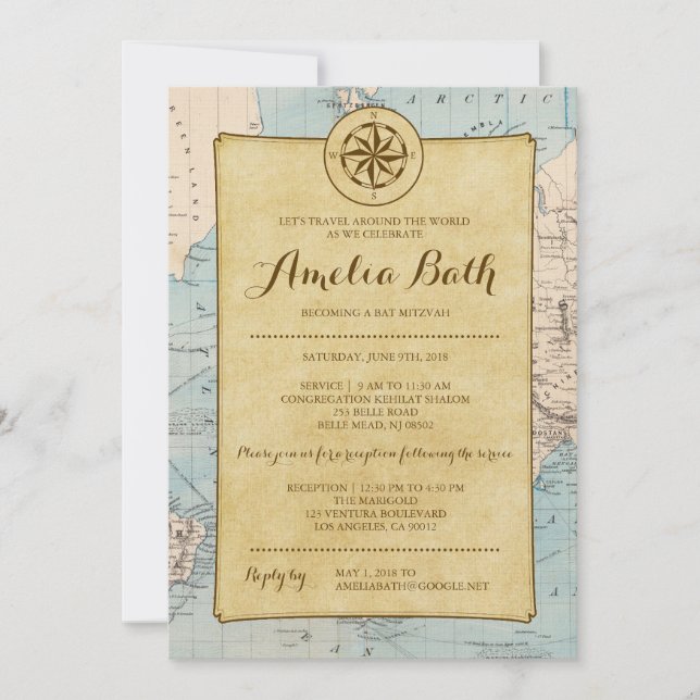 Travel Map Bat Mitzvah Invitation (Front)
