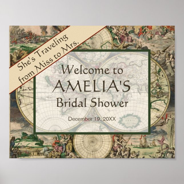 Travel Map Bridal Shower Welcome Sign Miss to Mrs (Front)