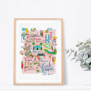 Travel map Kuala Lumpur Asia pink illustrative Poster
