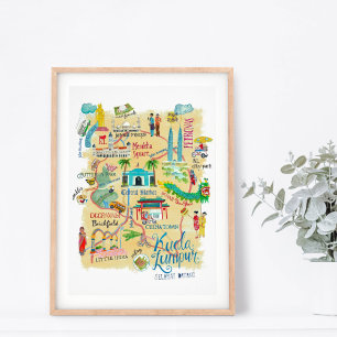 Travel map Kuala Lumpur yellow Asia illustrative Poster